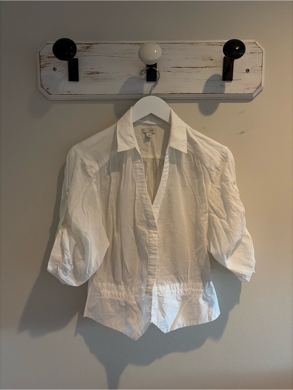 Odille White Button-Front Blouse with Gathered Sleeves